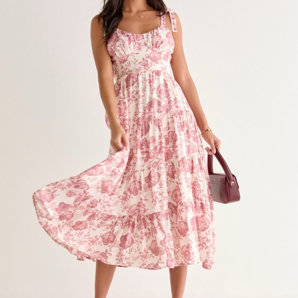 Francesca's Pink and White Floral Midi Dress New with Tag Women's Size Large